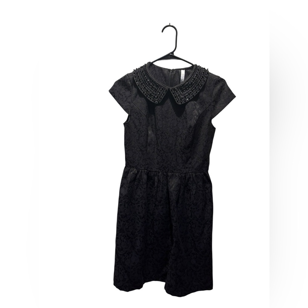 Kensie Women XS‎ Black Jacquard Fit Flare Dress Beaded Peter Pan Collar